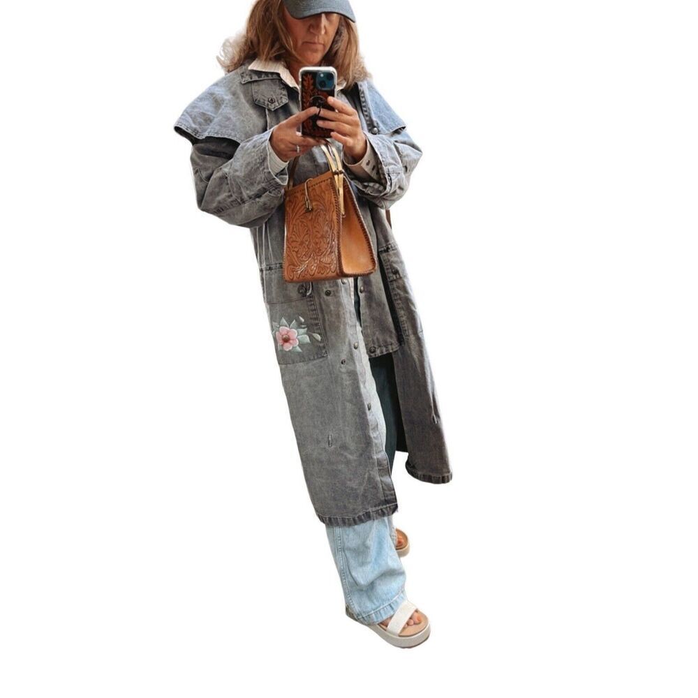 Vintage Blue Acid Washed Denim Trench Coat With Hand Paint Pink Flowers Size M